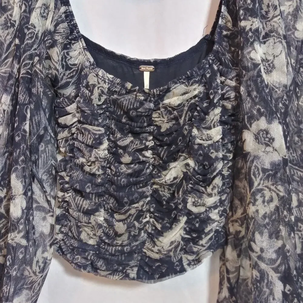 Free People Lilia Top Peasant Smocked Crop Sheer Sleeves Size XS